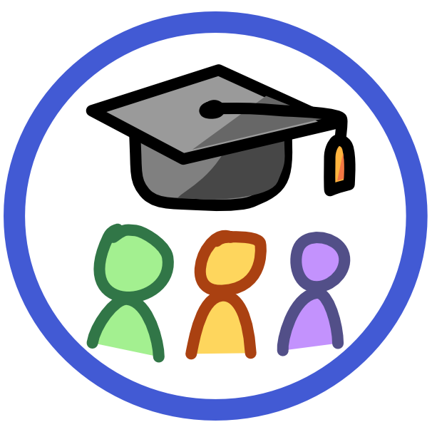 a blue circle surrounding 3 people on the bottom, from left to right green skin and darker green outlines, yellow skin and brown outlines, purple skin and darker purple outlines. Above those is a grey graduation cap with black outline